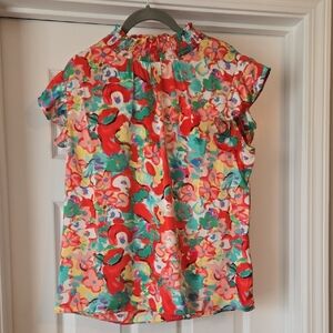 eesome Multicolor Floral Smocked Waist Skirt - Red, Teal, Yellow